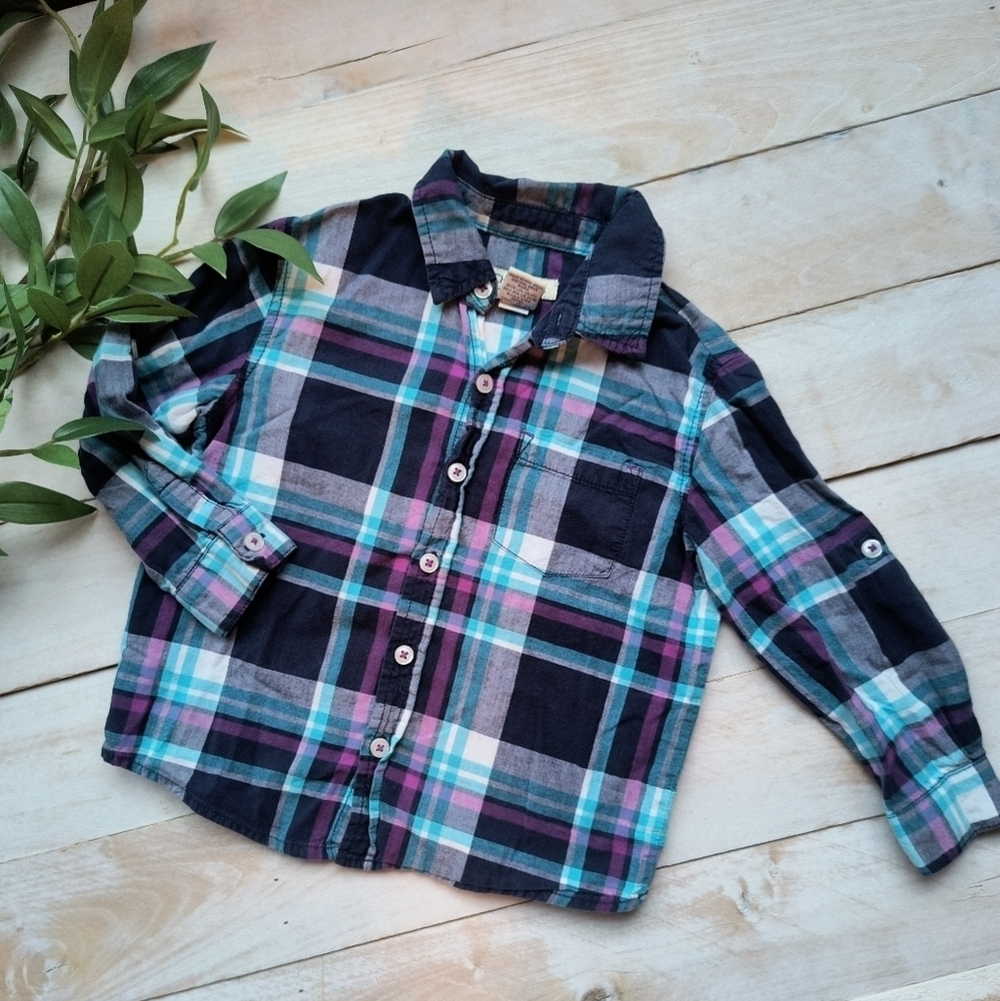 Cherokee Toddler Boys Plaid Long Sleeve Button Up Dress Shirt Blue Purple 3T